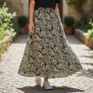 Frye & Co Black & Gold Floral Midi Skirt, Ruffle Hem, Flowy, Size M